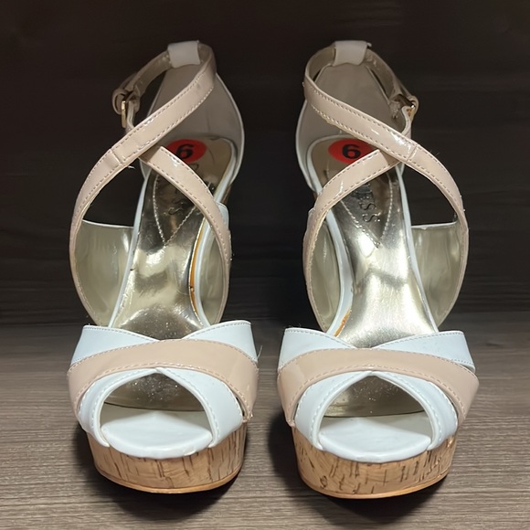 Strappy white and nude heels with cork platform. - Picture 3 of 6